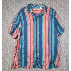 Caribbean Striped Button Up Mens XL Blue Red Modal Wood Buttons Short Sleeve